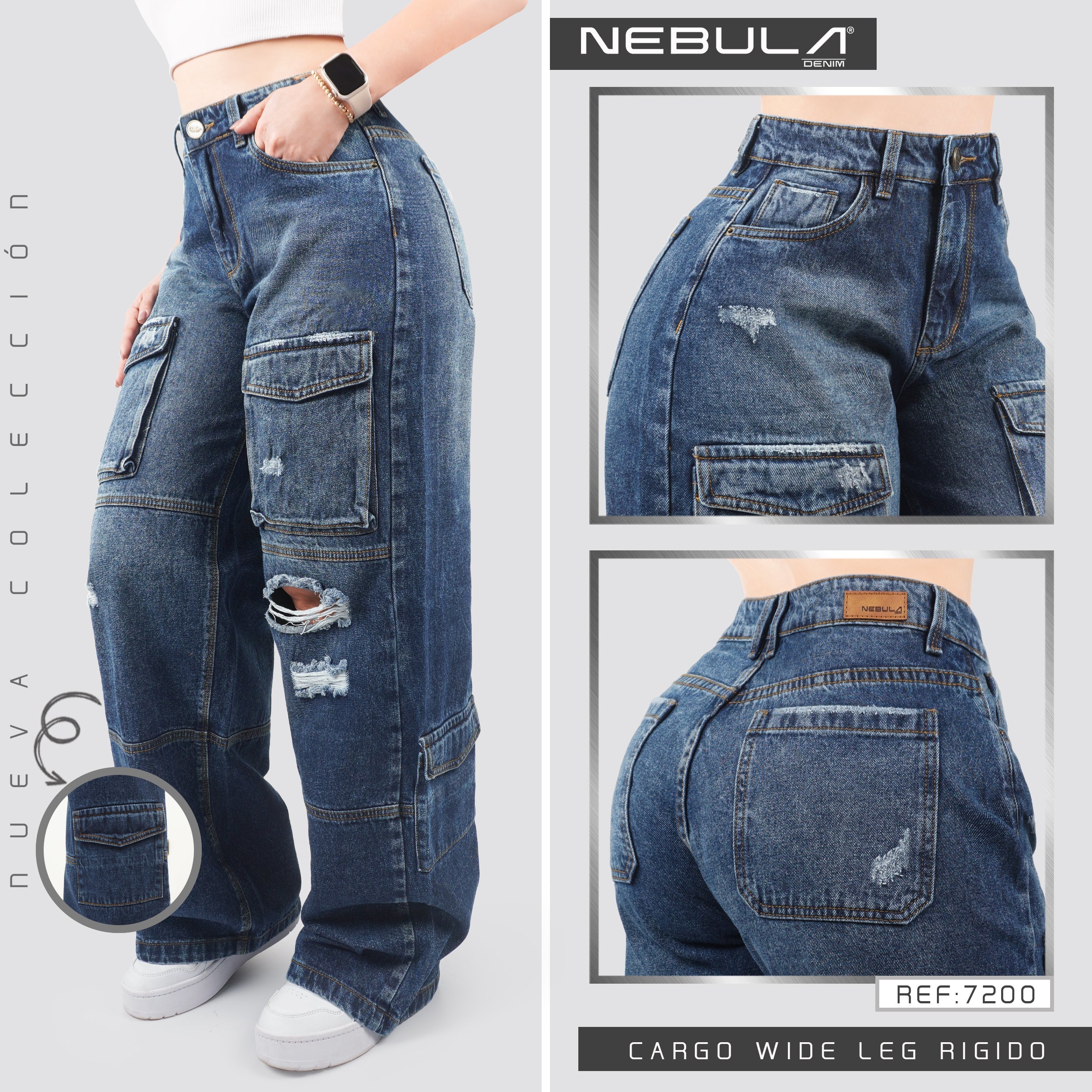 Jeans Wide Leg Cargo Rígido 7200