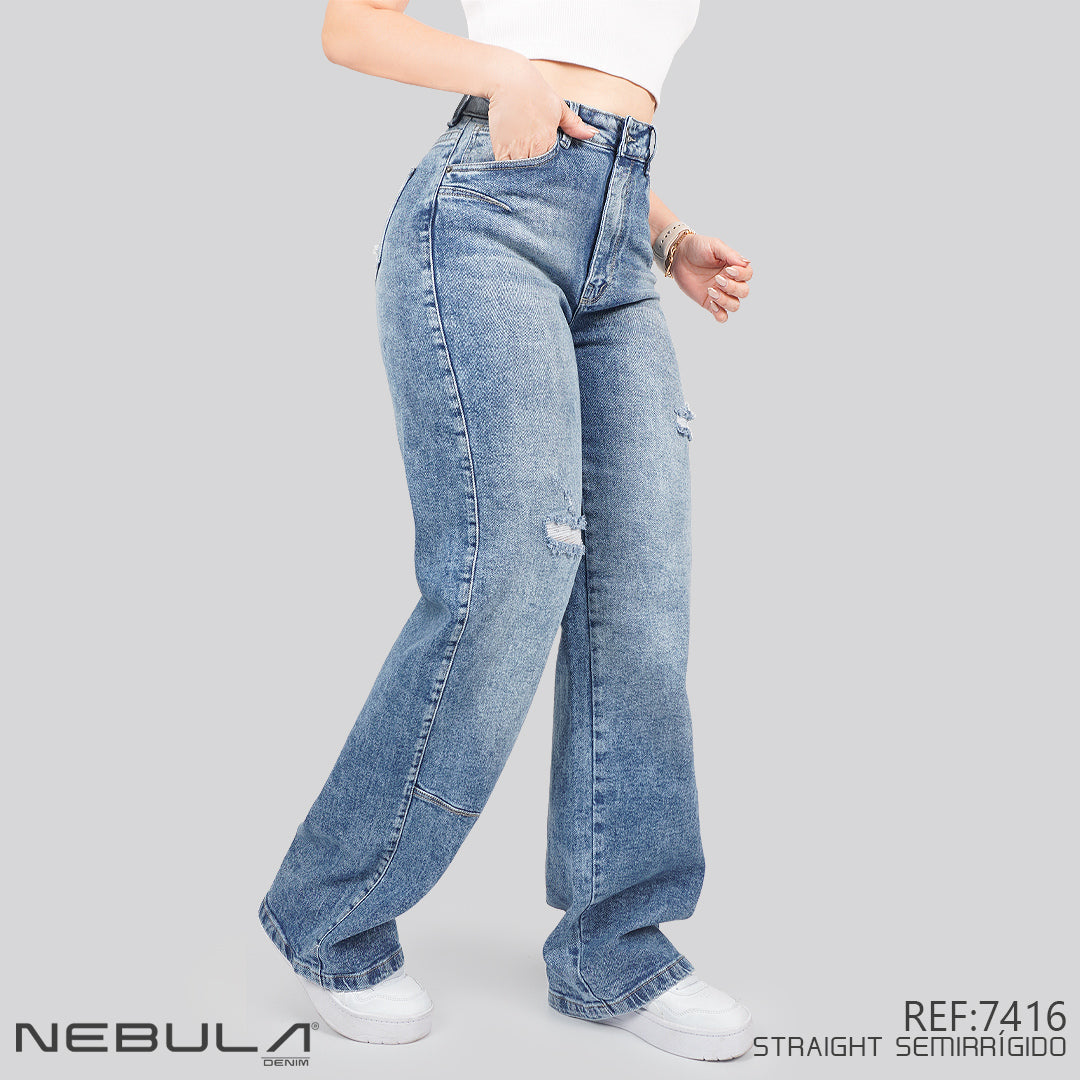 Jeans Straight Semirrígido Tiro Alto 7416