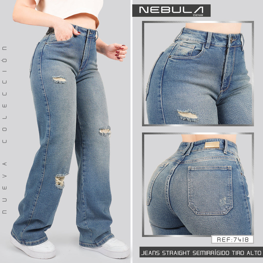 Jeans Straight Semirrígido Tiro Alto 7418